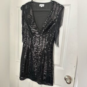 Super down Carly Fringe Mini Dress in Black Small. Sequins/Beaded. Worn once!